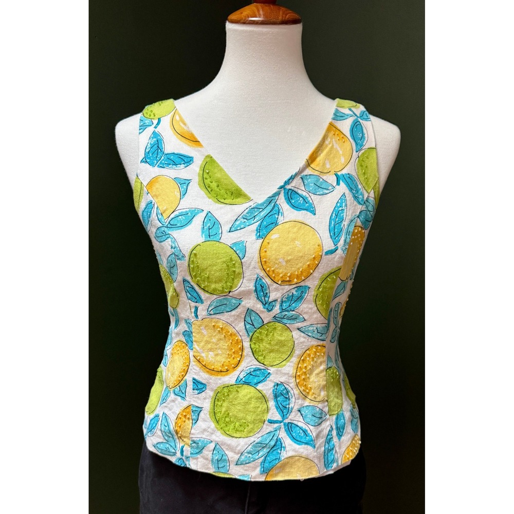 Vintage Positive Attitude Sleeveless‎ Citrus Print V Neck Top Women's Size 8